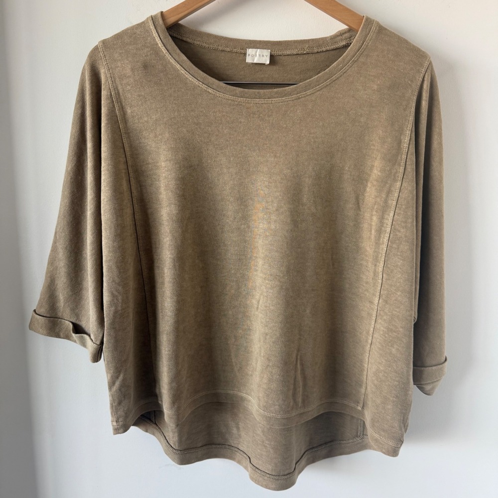 Poetry Panelled top Hemp Cotton Boxy Knit Tan US 10 High Low Hem Rolled Sleeve